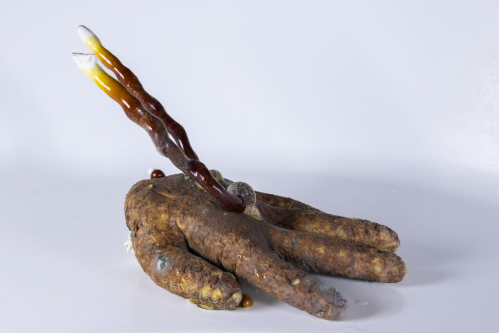 Objekt aus Latexhandschuh mit unregelmäßigen myzelartigen Strukturen und variierender Oberfläche.